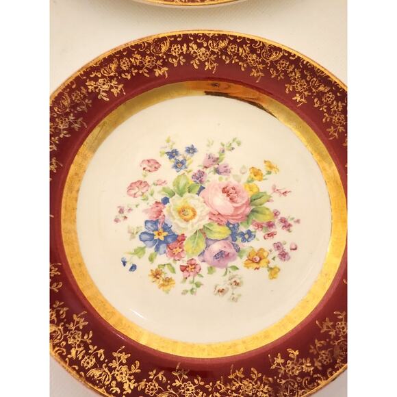 PLATES-BREAD-BUTTER-CENTURY BY SALEM-23K Gold Encrusted-Burgundy-Floral-Set of 4 - Picture 13 of 16